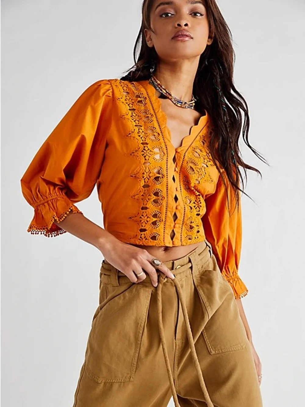 Free People Louella Embroidered Blouse Orange Puffed Sleeve NWT Size small